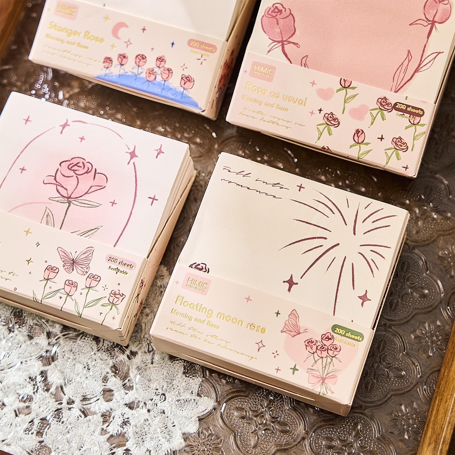 Sticky Notes Set, 200 Self Stick Memo Pad With Delicate Heart, Rose & Butterfly Designs (4)