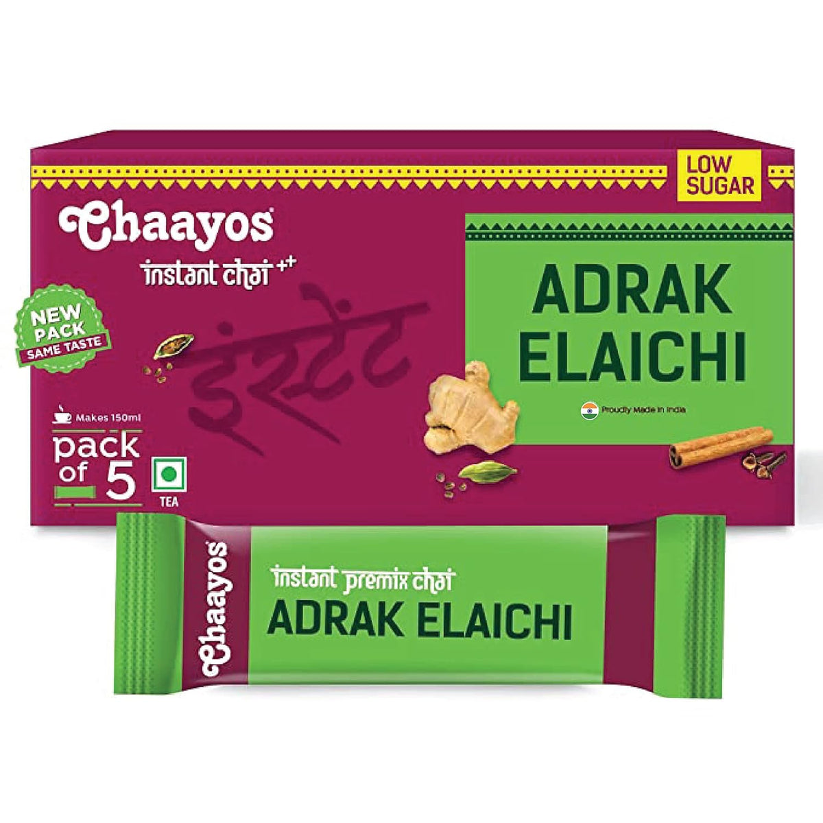 Chaayos Instant Premix Chai Adrak Elaichi - 5 Sachets, 60gm, 2.1 Ounce | Infused With Ginger, Cardamom & Assam Black Tea Leaves - Low Sugar, Hassle Free