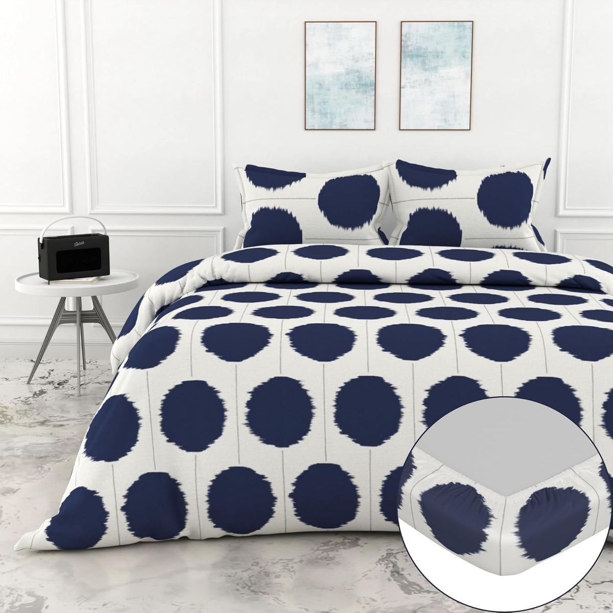 Printed Bedsheet For Double Bed 2 Pillow Cover - 60 X 78 Inches, White & Blue | All Around Elastic Fitted - Ultra Soft & Breathable | Superior Softness & Breathability