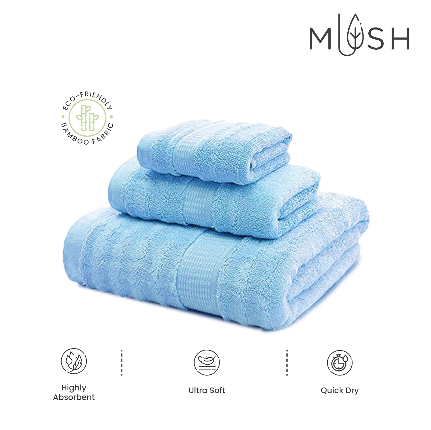Mush Bamboo Luxurious Bath + Hand & Face Towel 1000 Gsm | Ultra Soft, Absorbent & Antimicrobial Towel (Sky Blue) -3 Piece