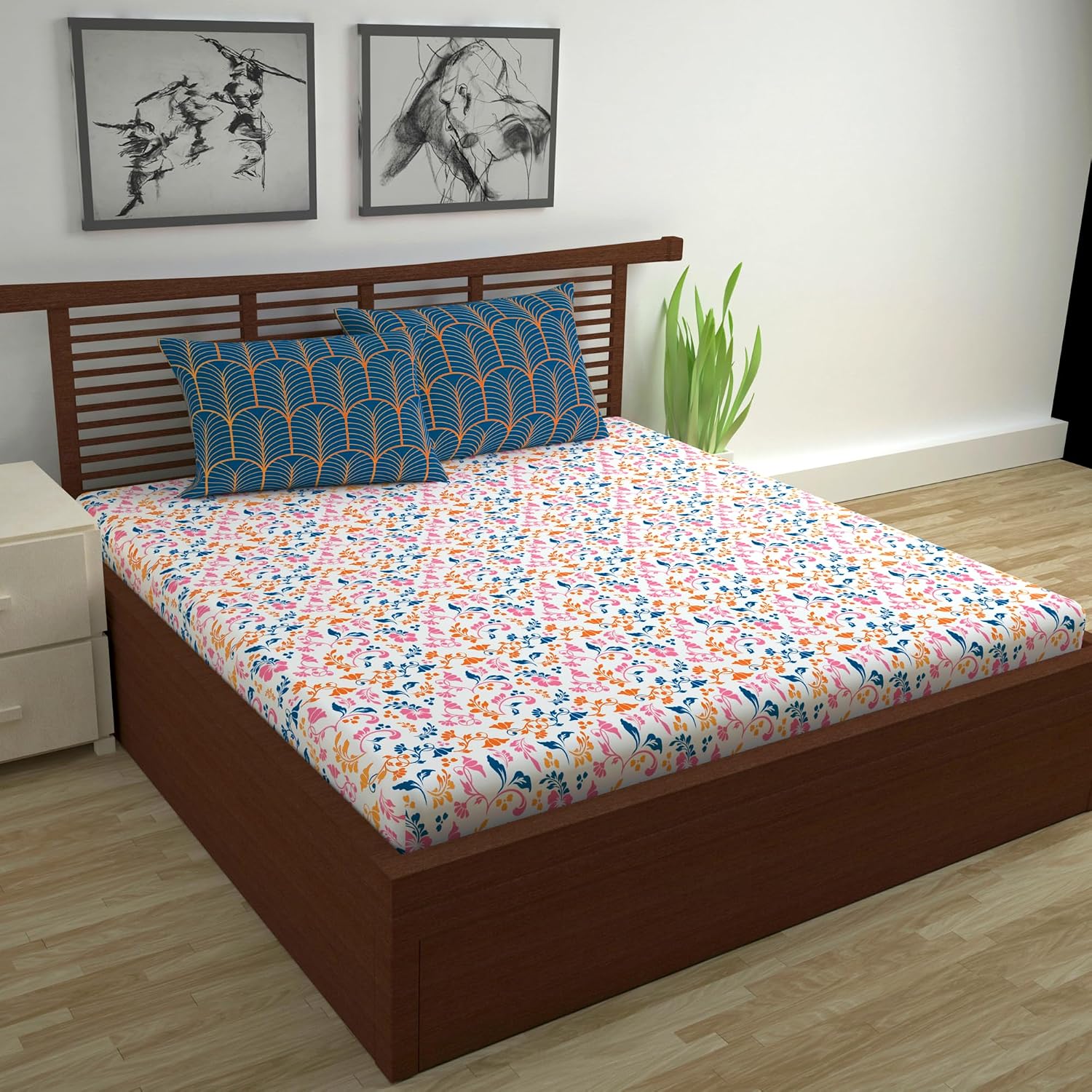 Cotton Double Bedsheet With 2 Pillow Covers | 87 X 100 Inches, Multicolor - Soft & Breathable Fabric | Comfortable For Daily Use