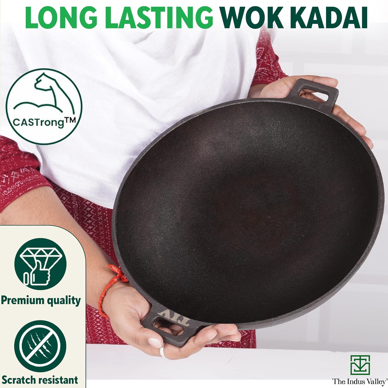 Pre-Seasoned Black Cast Iron Wok Kadai - Large, 31cm, 12 Inch, 3.2 Liters, 2.8 Kg | Induction Friendly, Naturally Nonstick, 100% Pure & Toxin-Free, No Chemical Coating