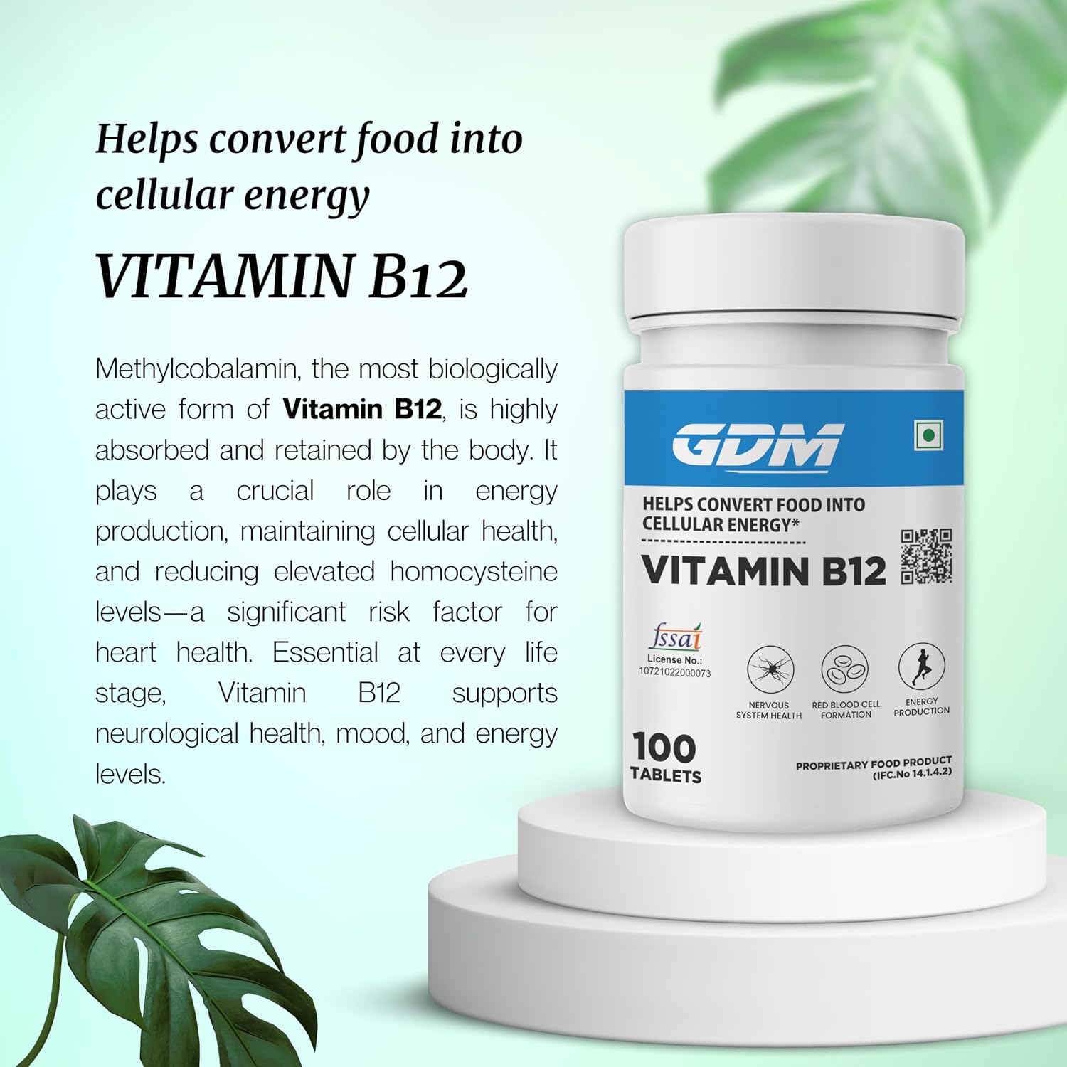 Gdm Vitamin B12 Supplement , Boost Energy Level , Good For Digestion , For Both Men & Women | 100 Veg Tablets , 150gm 0.3lbs