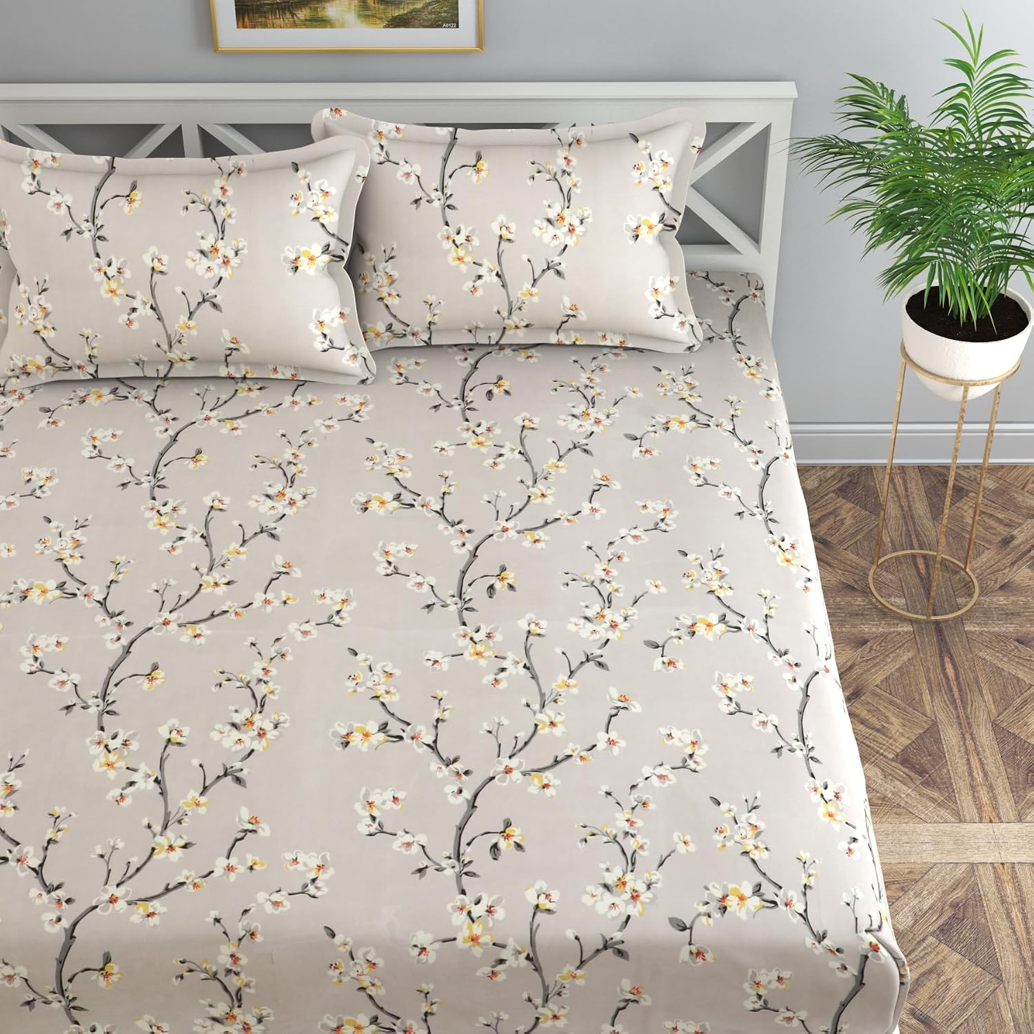 Comfortable Floral Double Bedsheet With 2 Pillow Covers - 96 X 89 Inches, Grey | Lightweight, Washable & Fade-Resistant Bedsheet Designed For Daily Use