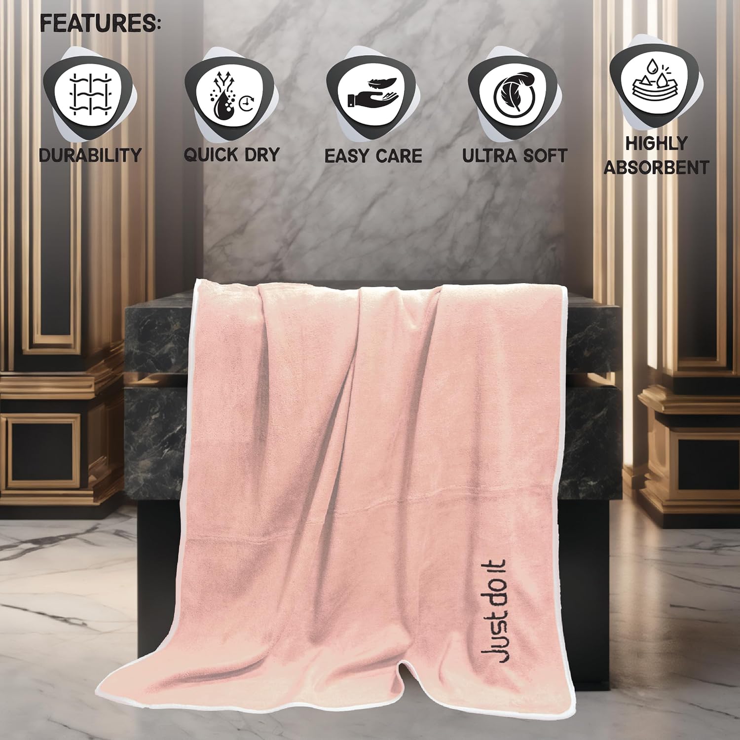 Housse Premium Soft Microfiber Embroidery Bath Towel 350 Gsm | Soft Absorbent Quick-Drying Sweat Towel (Just Do It - Peach)