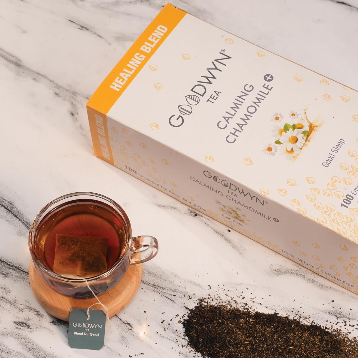 Goodwyn Calming Chamomile Herbal Tea - 100 Enveloped Tea Bags | Boosts Immunity, Relieves Stress - Handpicked & Farm Fresh Herbal Tea | Caffeine Free, No Preservatives