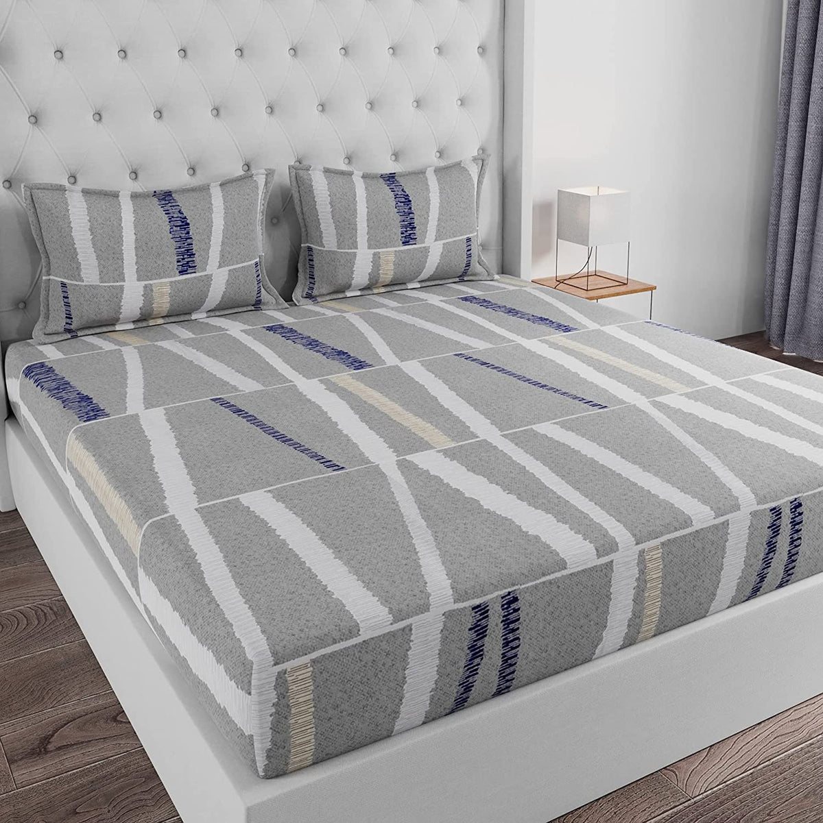 King Size Bedsheet With 2 Pillow Covers - 110 X 108 Inches, Grey & Blue | Ideal For House, Guest House, Hotel | Soft & Comfortable Sleep Experience