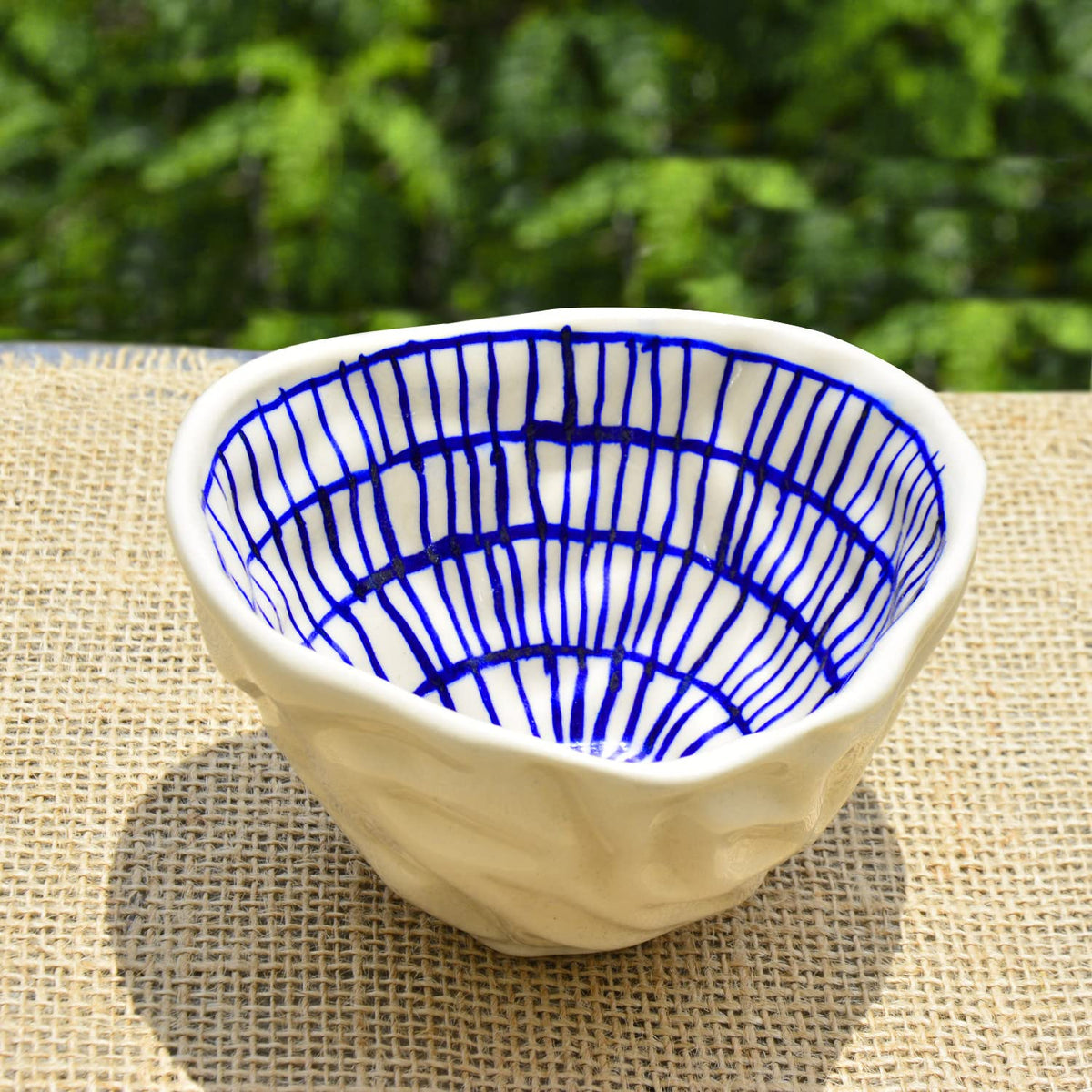 Handcrafted Organic Shape Ceramic Nut Bowl - Blue & White, 6 Inches, 400ml | Snack Bowl - Maggie Bowl - Salad Bowl