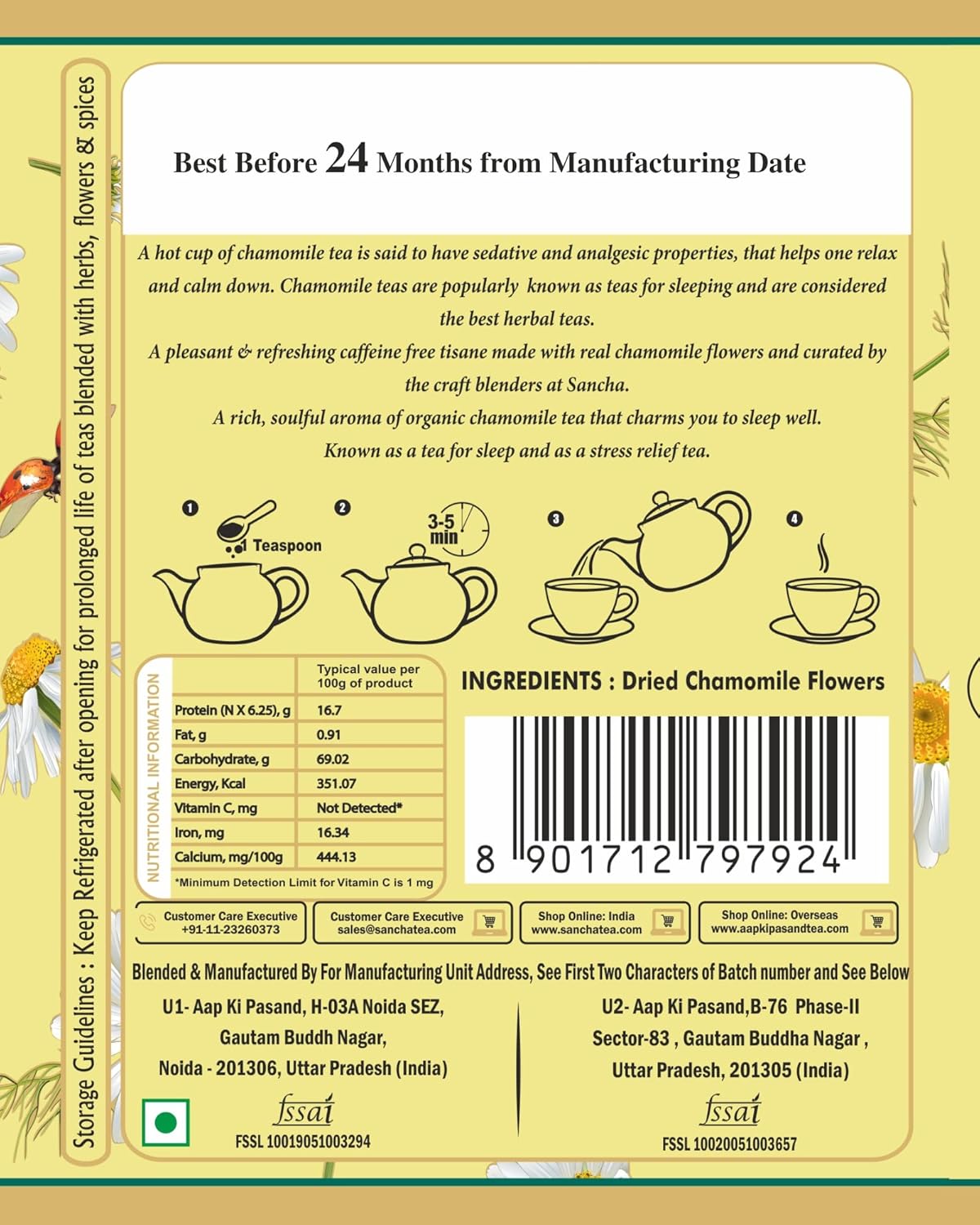 San-Cha Chamomile Herbal Tea - 50gm, 1.7 Ounce | Calming & Relaxing Detox Tea - Zero Caffeine Loose Leaf Tea