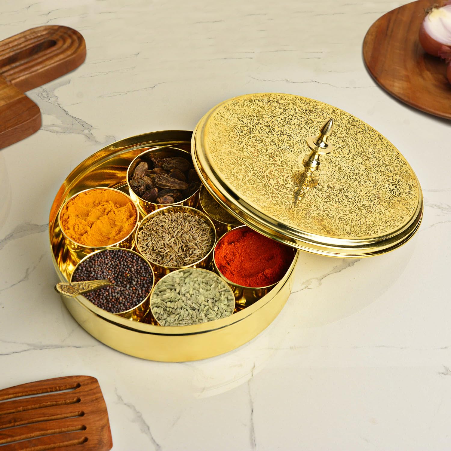 Premium Pure Brass Floral Etched Indian Spice Box For Kitchen With Spoon - 7 Containers, 120ml Each, Golden Color | Diameter - 8 Inches, Weight - 960gm | Peetal Masala Dani, Masala Dabba