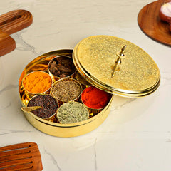 Premium Pure Brass Floral Etched Indian Spice Box For Kitchen With Spoon - 7 Containers, 120ml Each, Golden Color | Diameter - 8 Inches, Weight - 960gm | Peetal Masala Dani, Masala Dabba