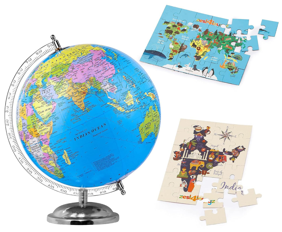 Globe For Kids, Stem Steam Educational World Globe Chrome + 2 Pcs Puzzle Map For Kids, Political Globe, Office, Students (8 Inch) Combo Pack