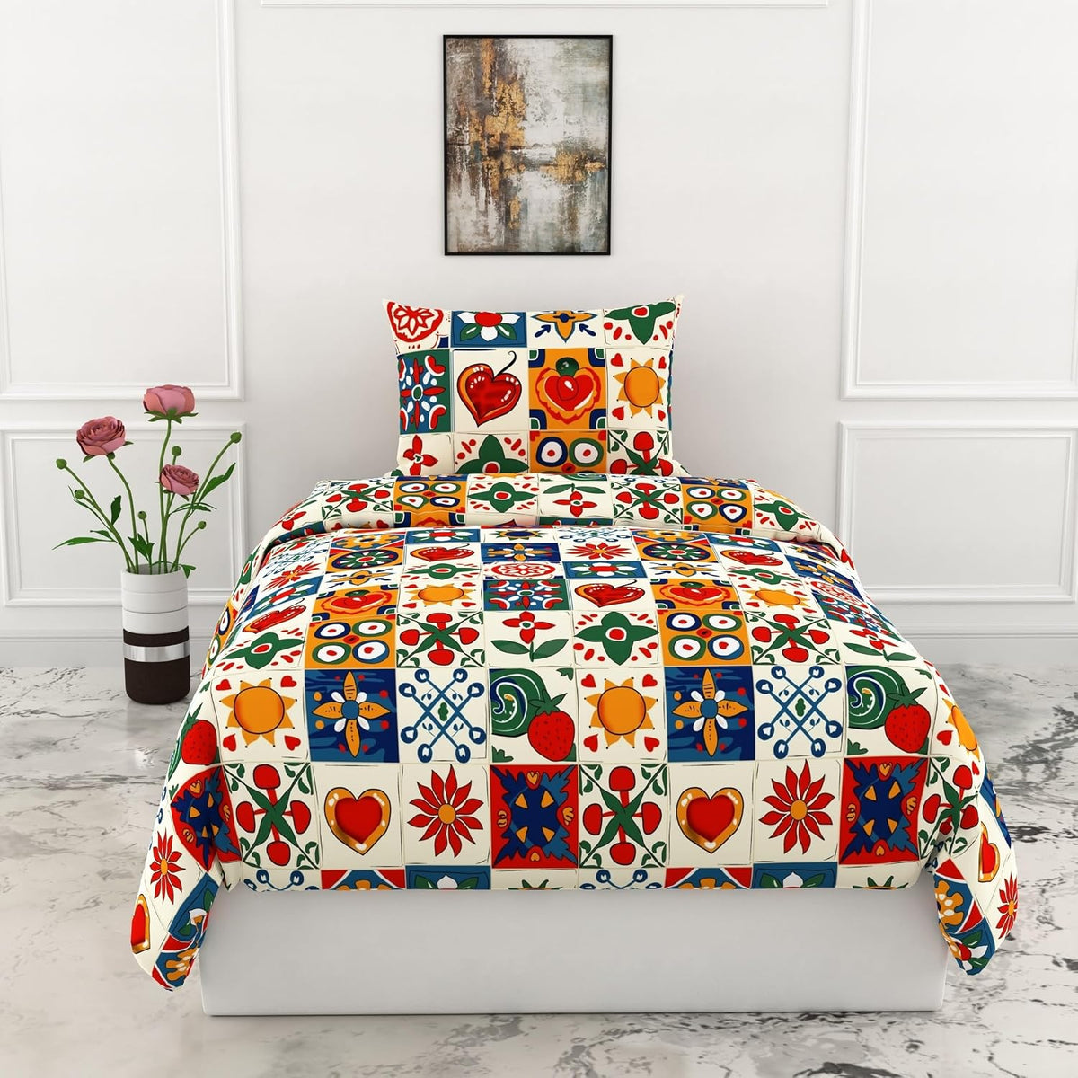Cotton Bedsheet For Single Bed With 1 Pillow Cover - 54 X 84 Inches, Multicolor | Soft Touch Cotton Fabric-Comfortable & Durable | Elegant Printed Bedding Set For Daily Use