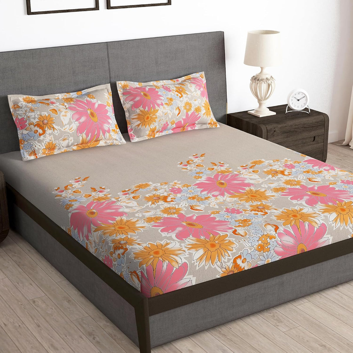 Perfect Double Bedsheet With 2 Pillow Covers - 88 X 100 Inches, Beige & Pink | Breathable & Skin-Friendly Bedsheet | 160 Thread Count