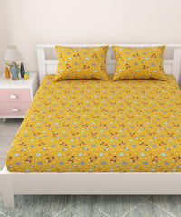 Pure Cotton Kids Bedsheet Double Bed Queen Size With 2 Pillow Covers | 90 X 100 Inches, Yellow & Blue | Fun Cartoon Theme, Soft & Breathable Fabric