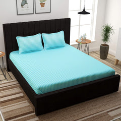 Satin Stripes King Size Cotton Bedsheet With 2 Pillow Covers - 108 X 108 Inches, Sky Blue | Perfect For Home Decor, Guest House | Ideal For All Seasons