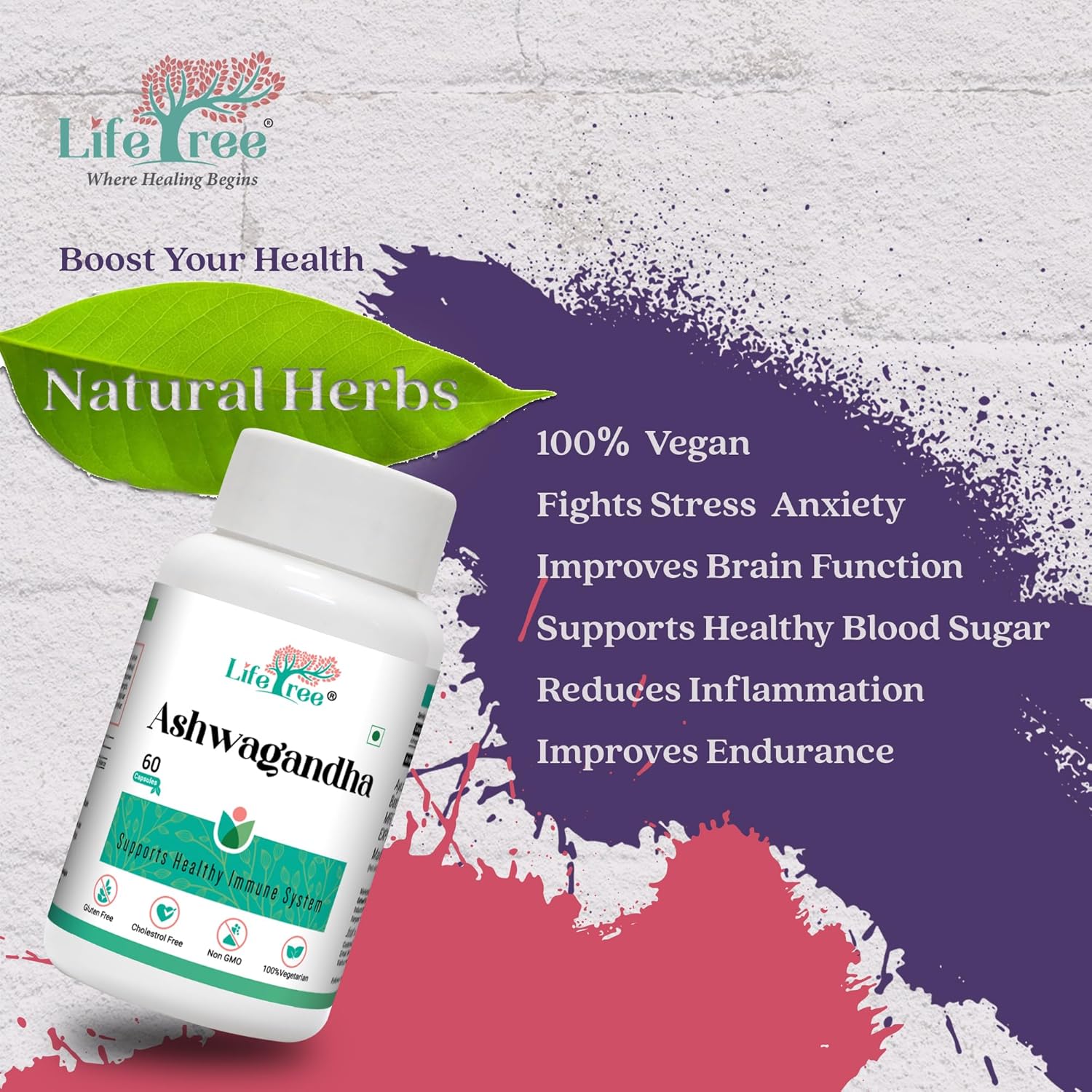 Lifetree Ashwagandha Supplement Extra Strength Natural Formulation, Support Strength & Energy Supports Healthy Immune System Capsules Ayurvedic Medicine | 60 Capsules 100gm 0.2lbs