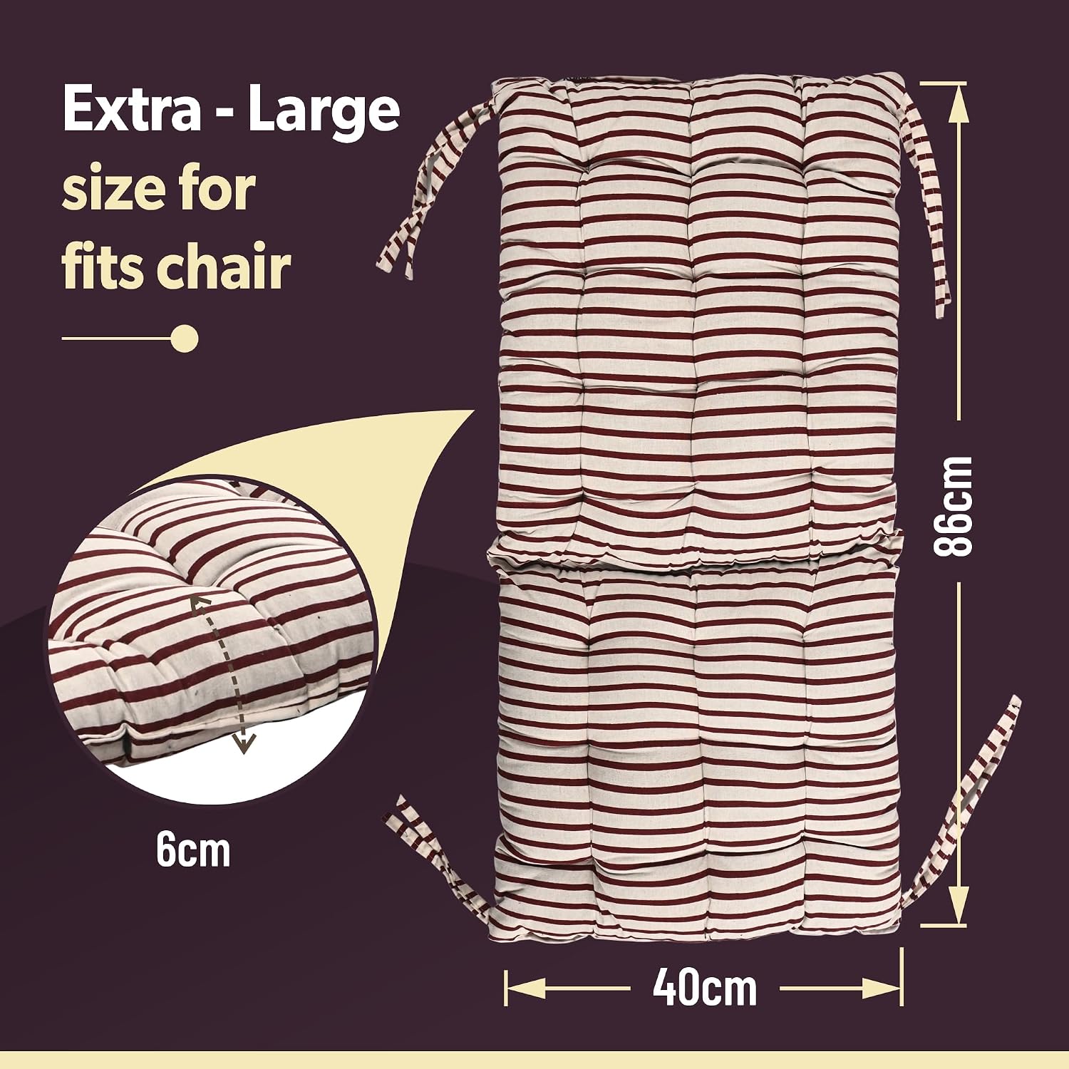 Long Comfortable Rocking Chair Cushion With Ties, Lining Printed - Maroon - 18 X 36 Inch | Back Rest & Seat Cushions Chair Pad, For Rocking Chairs | Cotton Cushion For Office & Home Use