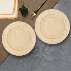 Ribbed Ceramic Dinner Serving Plates With 2 Table Napkins Set Of 2 - Ivory, Diameter: 10 Inches | Full Plates - Ceramic Platter - Dazzling Riviera