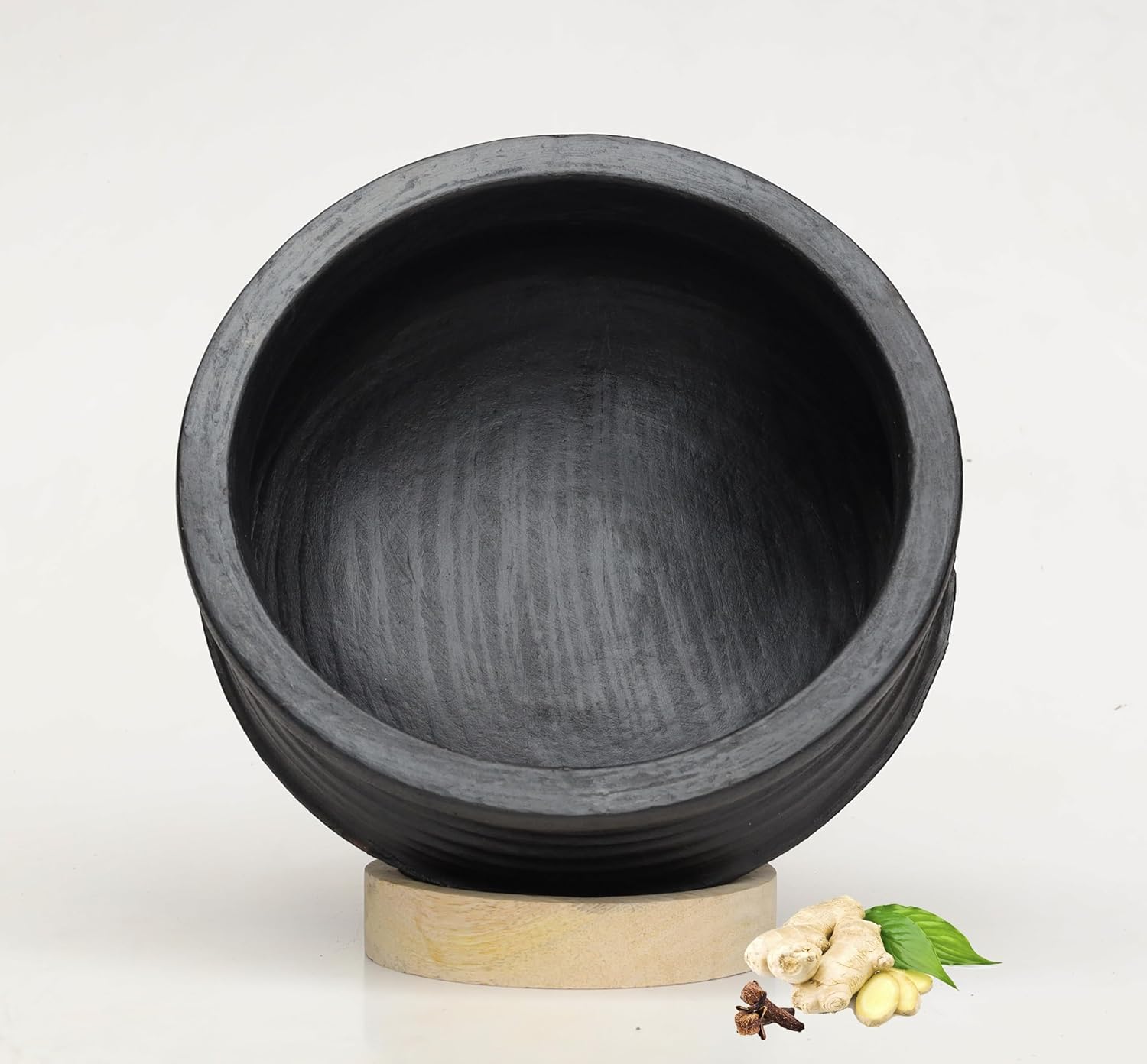 Deep Burned Uncoated Clay Biryani Pot Or Mitti Handi With 2 Wooden Spatulas Complimentary For Cooking & Serving - Black, 3 Liters | Pre-Seasoned Mud Pot - Unglazed, Double Fired, Hand Crafted