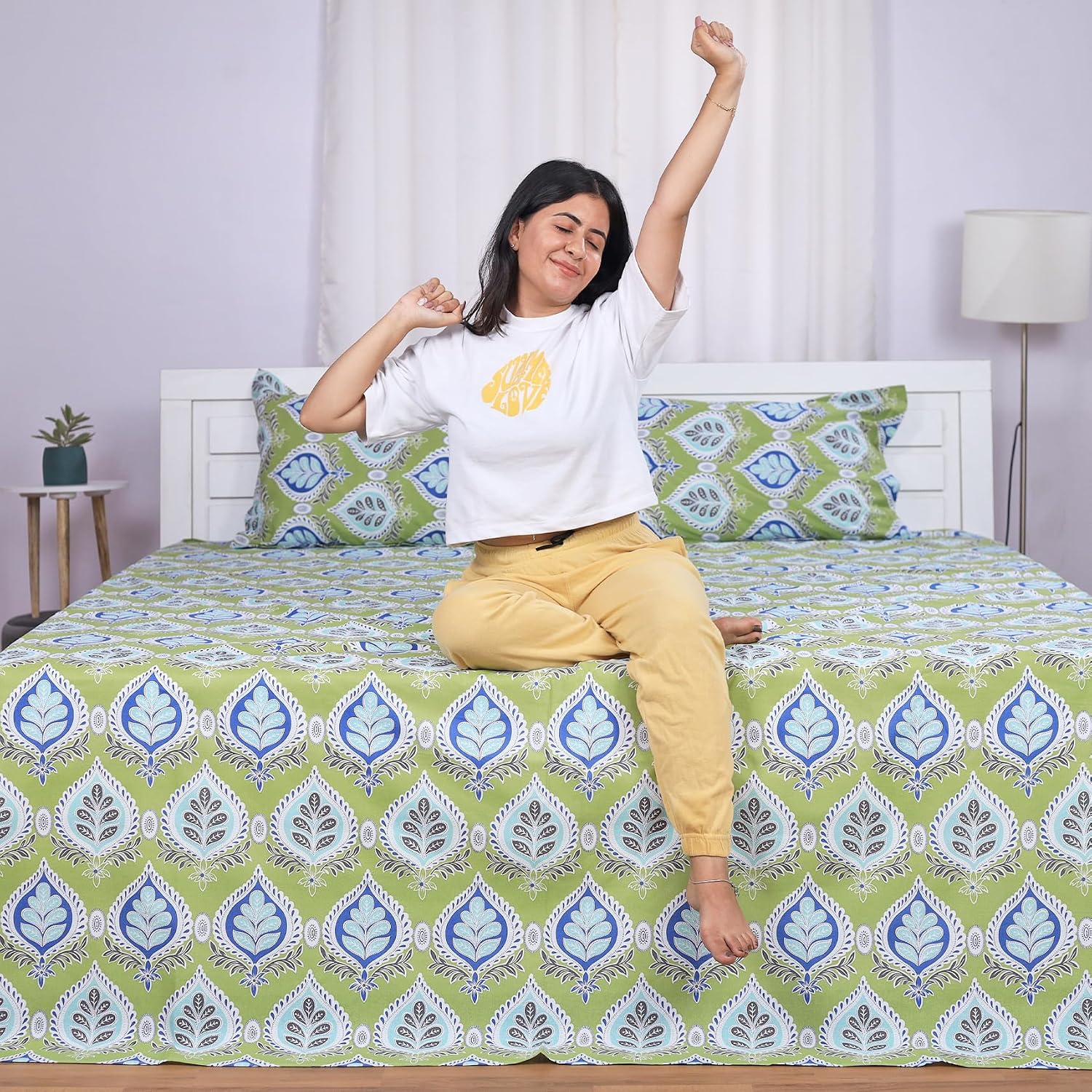 King Size Double Bedsheet With 2 Pillow Covers - 108 X 108 Inches, Light Green | Soft & Durable For Everyday Use - All Season Comfort
