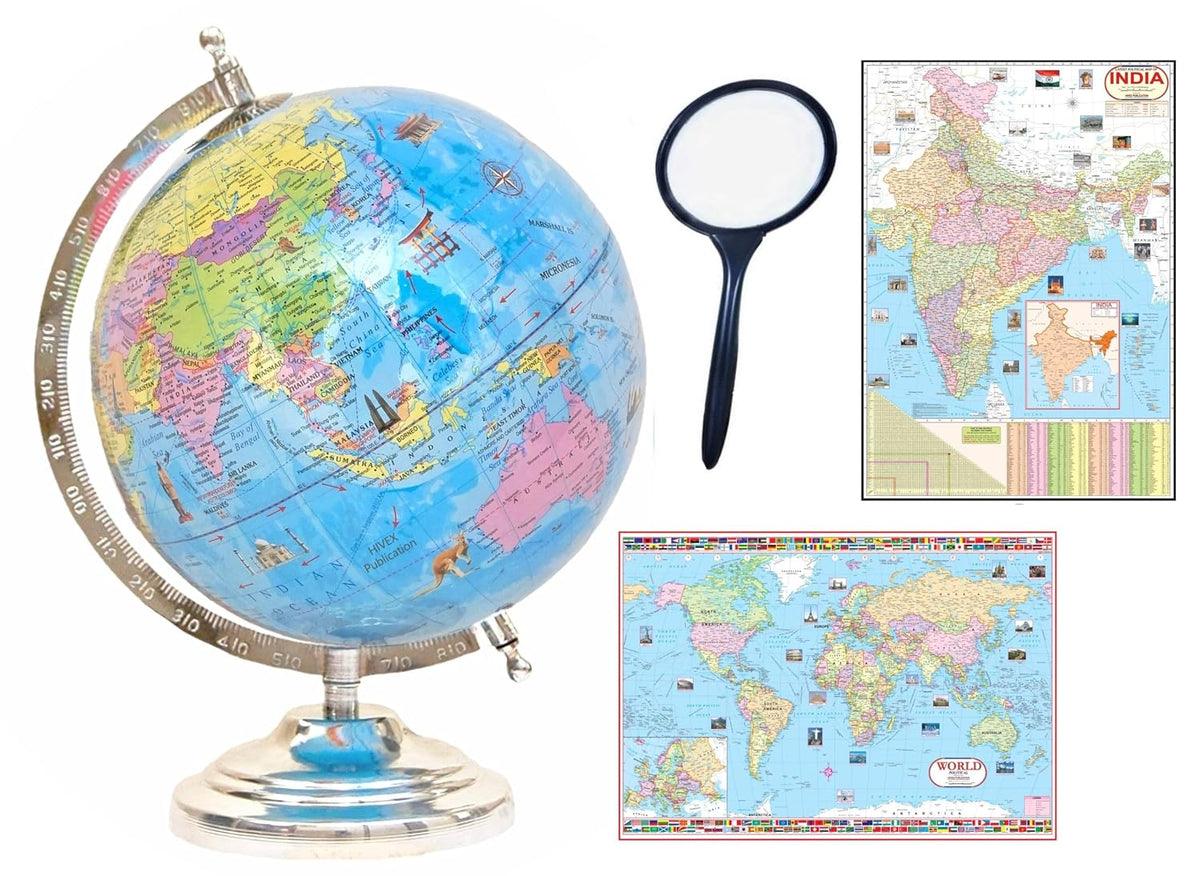 Educational Globe Rotating World Globe With Steel Finish Arc & Base + Magnifying Glass + World Political Map | For Kids Learning, Students & Home Decor, Office Desk, Combo Pack
