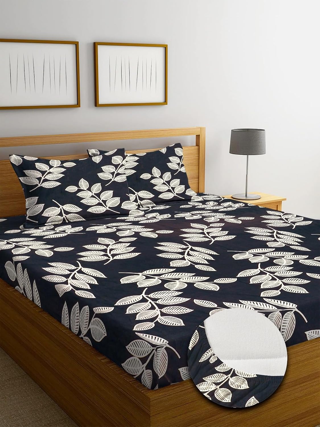 Premium Cotton Elastic Fitted Bedsheets With 2 King Size Pillow Covers - 72 X 78 + 10 Inches, Black & White | Super Soft Brushed Glace | Breathable & Wrinkle Free