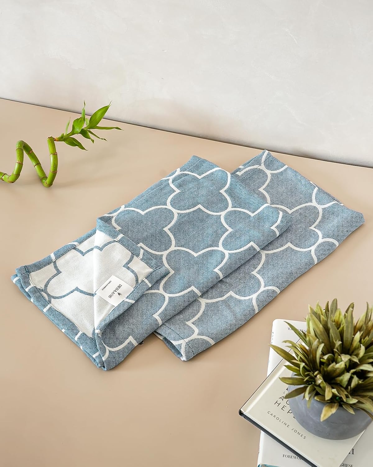 Debaans Bamboo Hand Towels 400 Gsm | Ultra Soft, Quick Dry, Antibacterial | Multiple Colors & Designs (Quatrefoil Ocean) - Set Of 2
