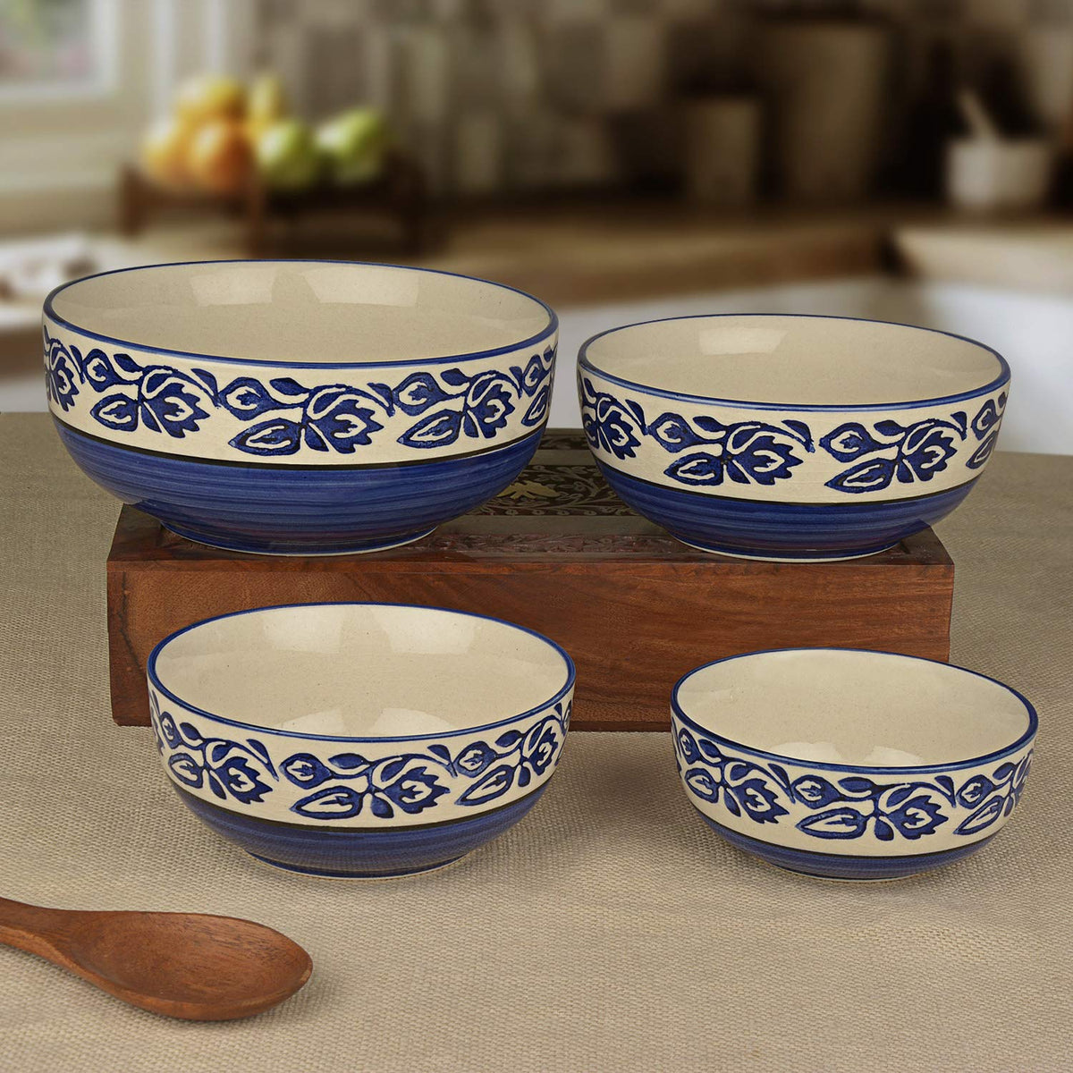 Studio Pottery Hand Painted Dinner Serving Bowl Set Of 4 - 1200ml, 650ml, 450ml & 250ml, Blue | Dinner Serving Donga Set - Stackable Kitchen Bowl Set