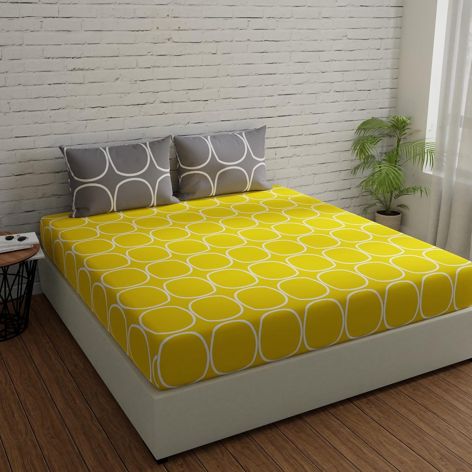 Bedsheet For Double Bed King Size With 2 Pillow Covers - 108 X 108 Inches, Yellow & Grey | Beautiful Bedsheets Are Perfect Gifting For Festivals