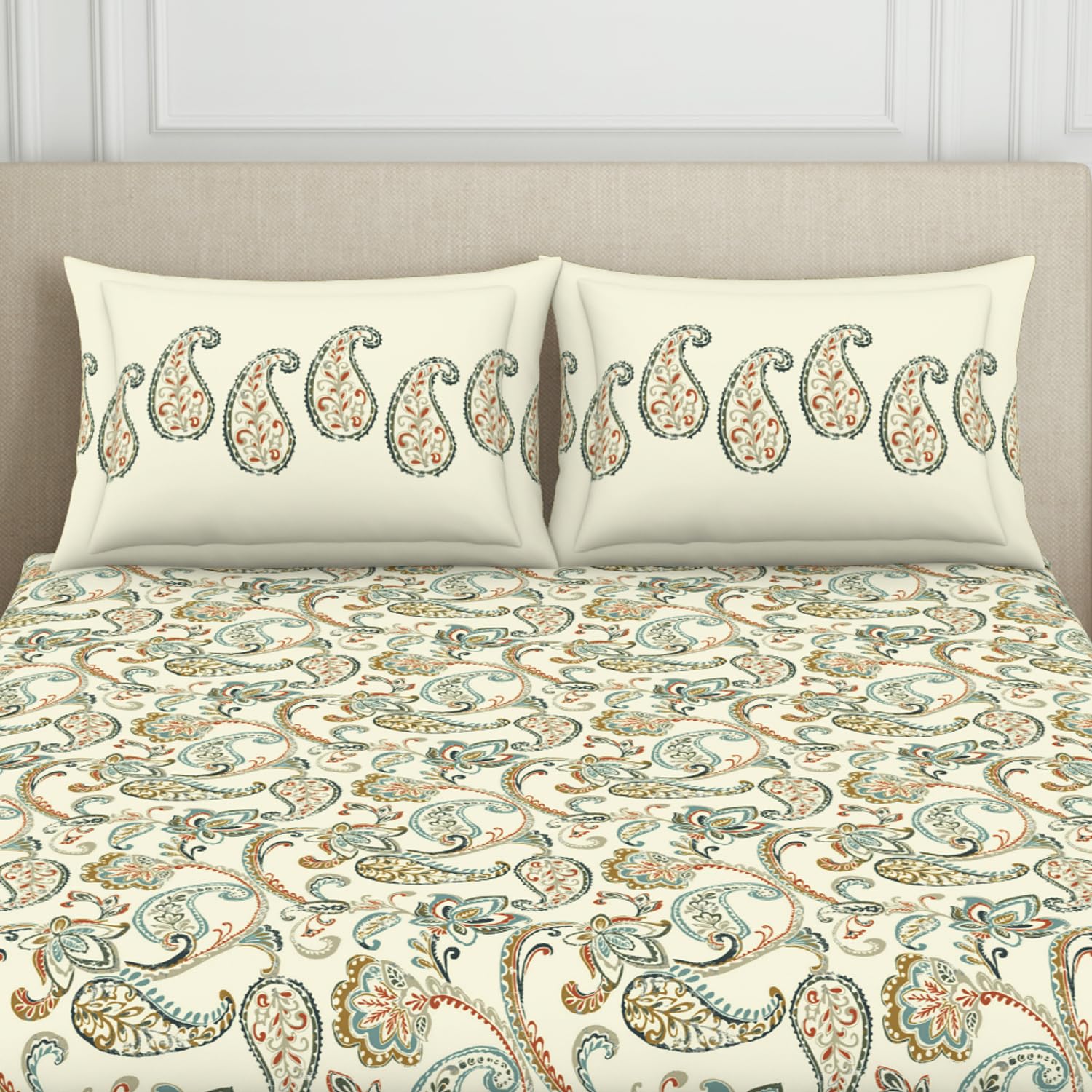 Double Bedsheet With 2 Pillow Covers (Size 88 X 100 Inch) Cream | Breathable Pure Cotton Queen Size Bedsheet | Floral Design Bedsheet