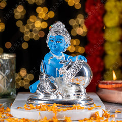 Silver Coated Lord Krishna Idol, Handcrafted Laddu Gopal Idol - Big Size - 6.5, Baby Krishna Statue, For Home Décor - Kanha Ji Ki Murti, Occasion, Makhan Chor Sculpture