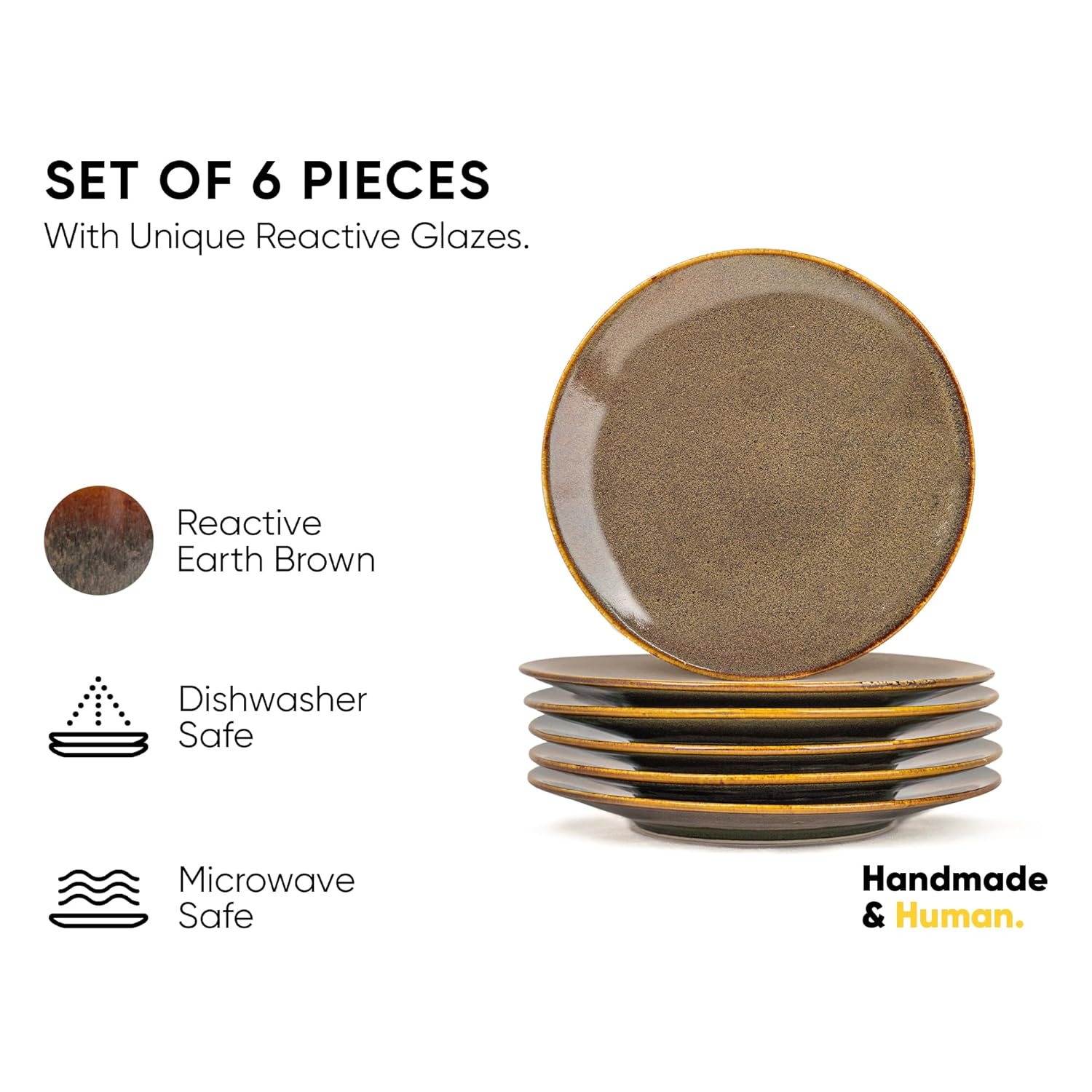 Quarter Plates Set Of 6, Brown Reactive Luxury Series | Stoneware Snacks Plates Set Of 6 | Dessert Plates - Snack Plates | Small Plates With Glossy Finish - Microwave Safe & Dishwasher Safe