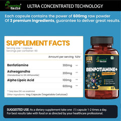 Humming Herbs Benfotiamine+ 600mg With Ashwagandha & Alpha Lipoic Acid Antioxidant & Energy Support, Promotes Nerve Health & Metabolic Function, Nutraceutical Supplement | 60 Capsules 100gm 0.2lbs