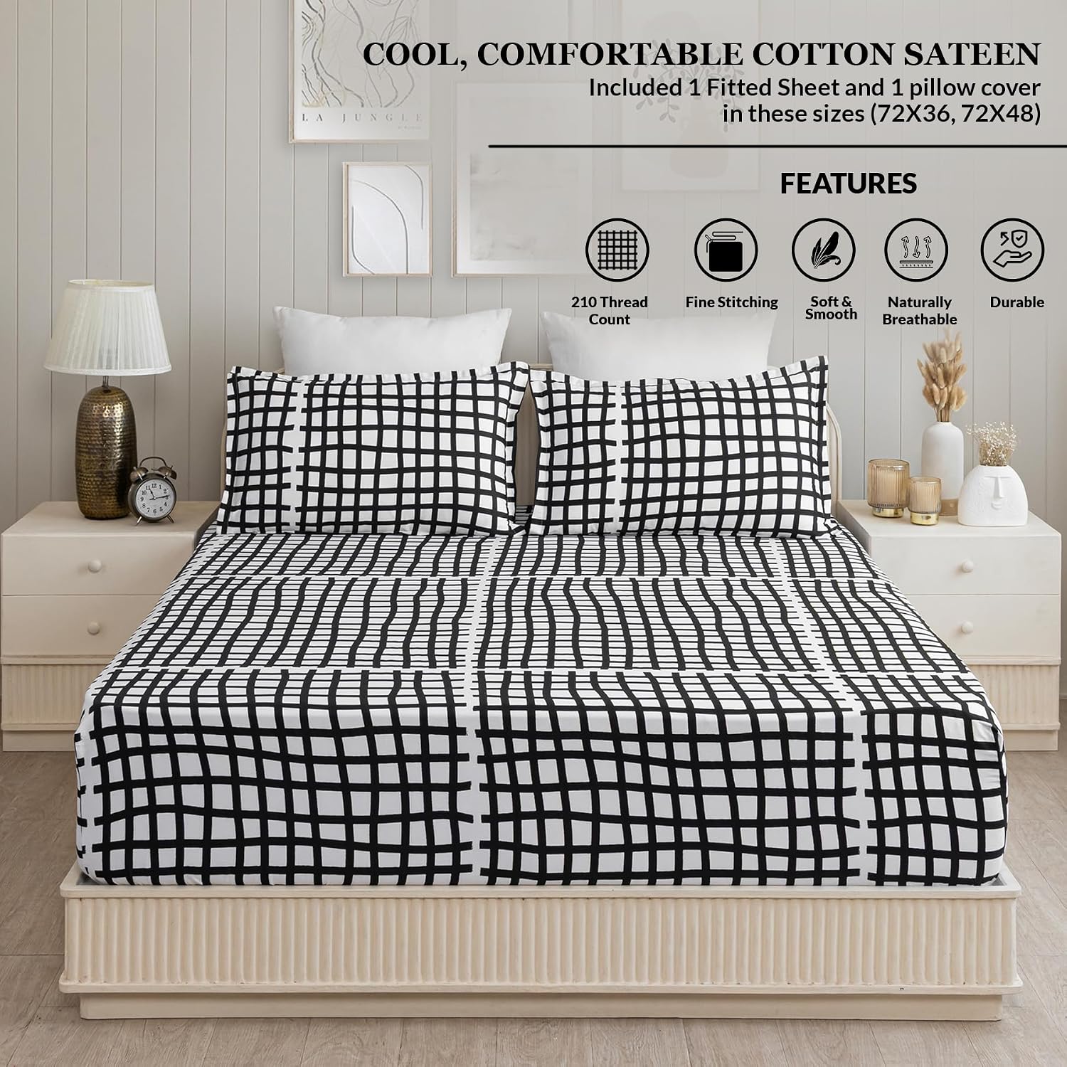 1 Fitted Single Bedsheet With 1 Matching Pillow Cover - 72 X 36 Inches, White & Black | Perfect Gifting For Wedding Anniversary