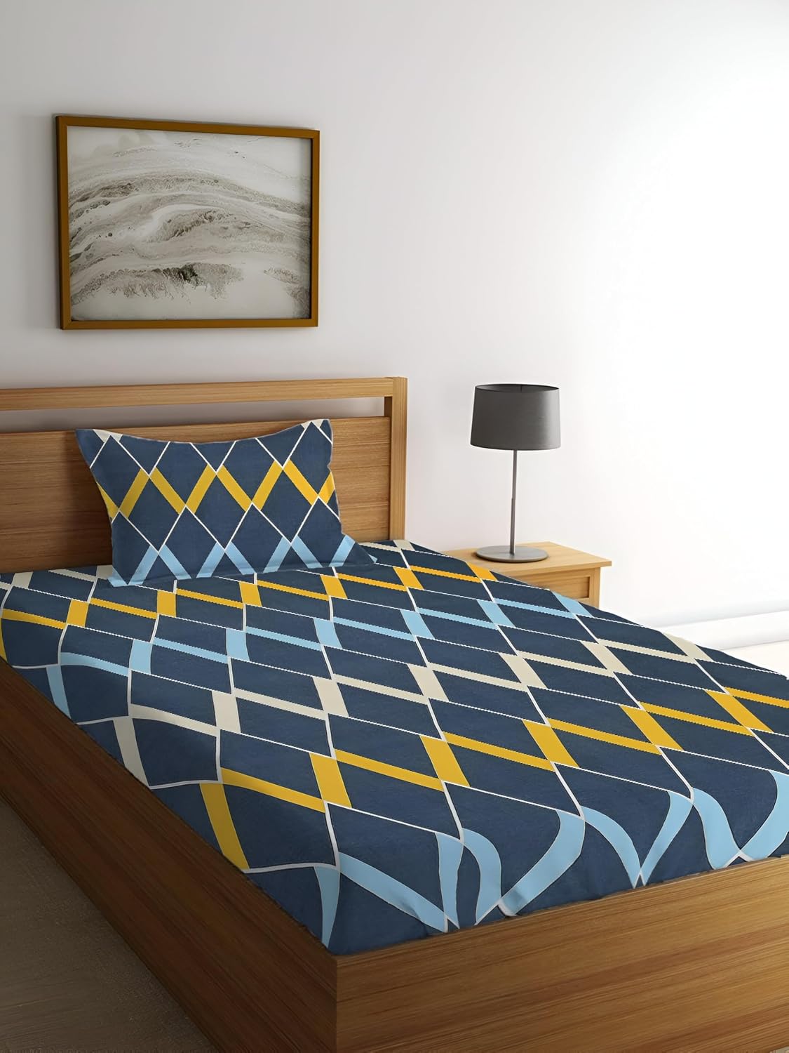 180 TC Print Cotton 1 Single Bedsheet With 1 Pillow Cover - 60 X 90 Inches, Blue & Yellow | Soft & Breathable Fabric, Skin-Friendly Bed Sheet For All Seasons