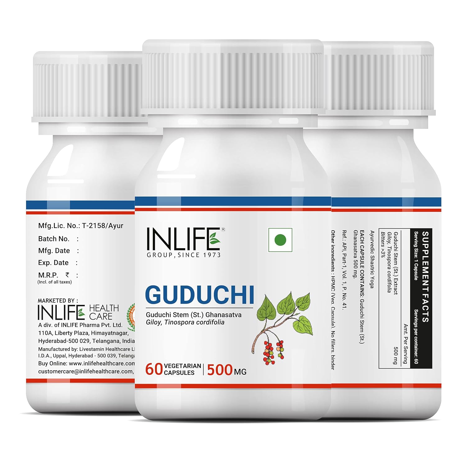 Inlife Guduchi Capsules 500mg Giloy Supplement, Stem Extract, Supports Immune Health Ayurveda | 60 Vegetarian Capsules 100gm 0.2lbs