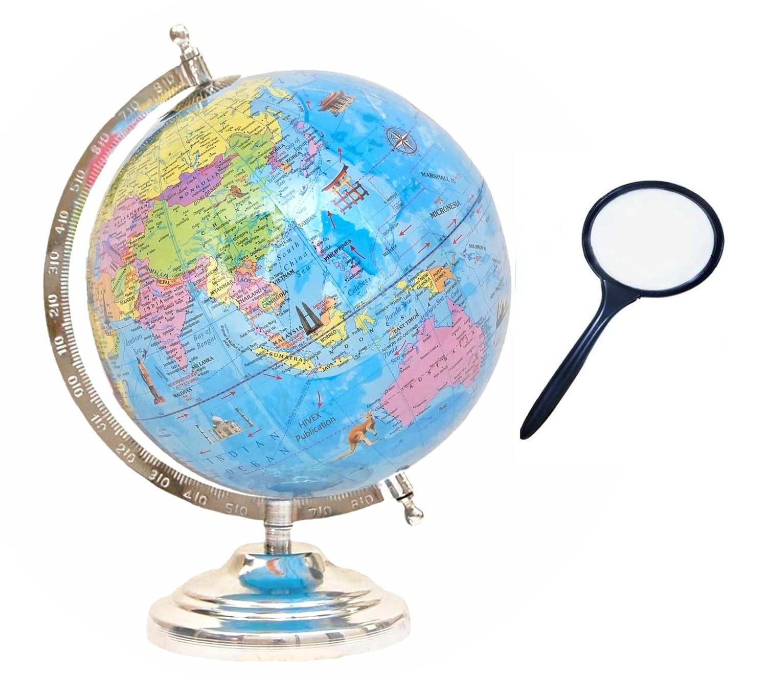 Educational Globe Rotating World Globe With Steel Finish Arc & Base + Magnifying Glass + World Political Map | For Kids Learning, Students & Home Decor, Office Desk, Combo Pack