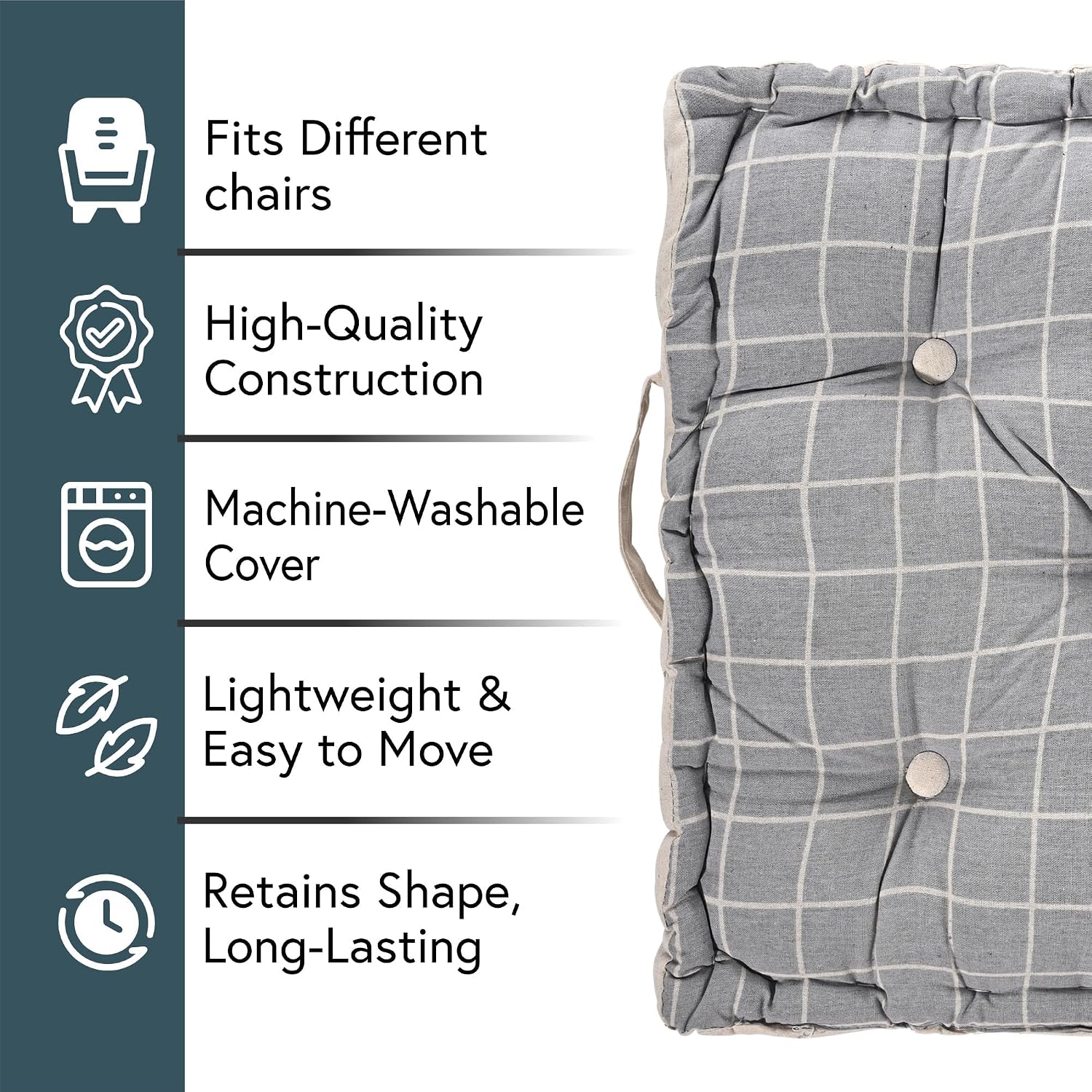 Cotton Chair Cushions Pillow For Sitting, Back Rest, Check Print - Light Grey | Chair Pad For Office Work & Posture Support | Lightweight & Portable, Durable & Long Lasting - Pack Of 6