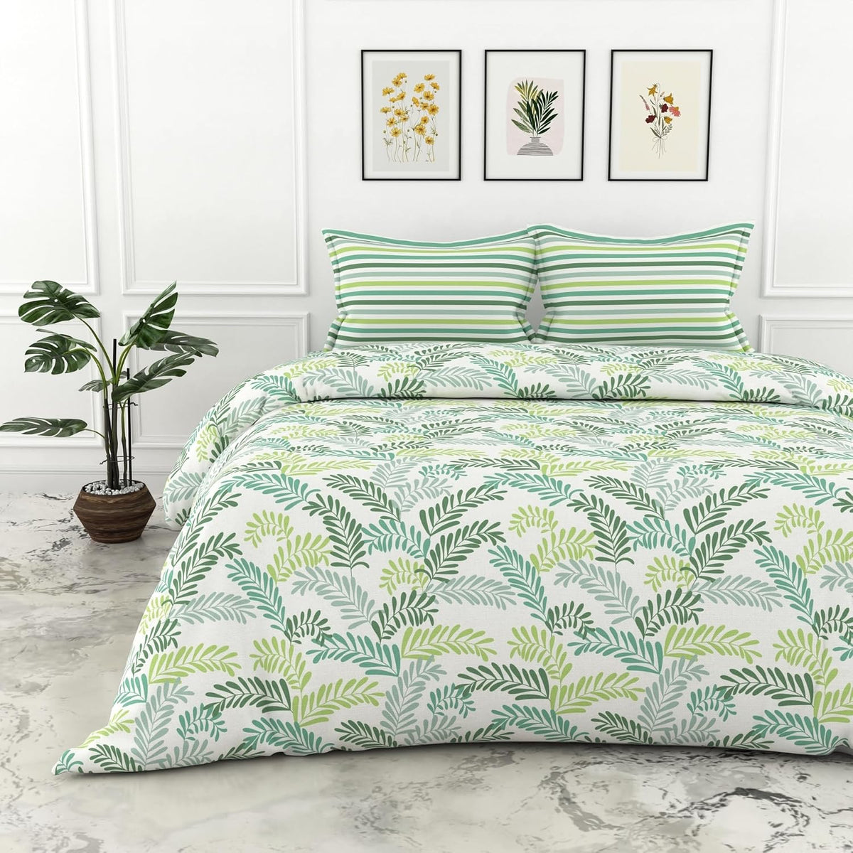 Double Bedsheet For King Size With 2 Pillow Covers - 104 X 104 Inches, Cream & Green | Light Weight, Suitable For All Seasons & Easy To Wash