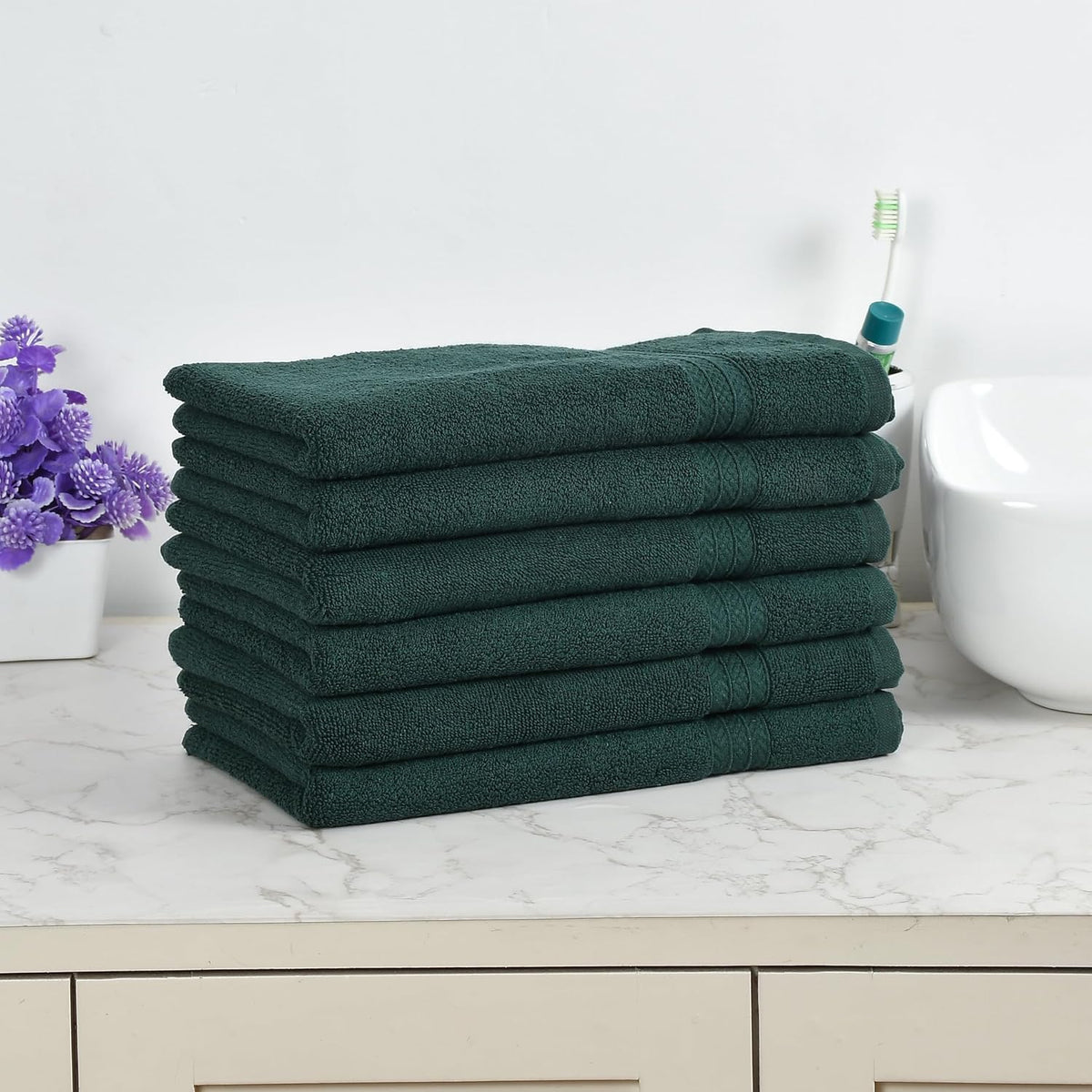 Fresh From Loom Luxury Fur Collection Hand Towel 500 Gsm Napkins Cotton High Absorbency Double Stitched Size (Dark-Green) - Set Of 6