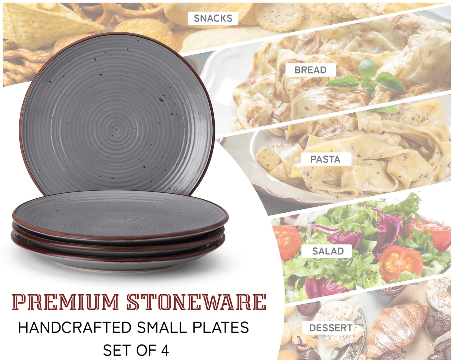 Ceramic Handcrafted Serving Handmade Small Plates Set Of 4, Grey - Diameter: 7 Inch | Stoneware - Dinnerware, Scratch Resistant, Microwave & Dishwasher Safe