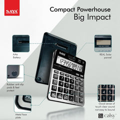 Saya Premium Desktop Calculator | 12-Digit Display, Dual Power, Check & Correct Function, Metal Face Plate | Ergonomic Design For Office & Business Use | 3-year Warranty