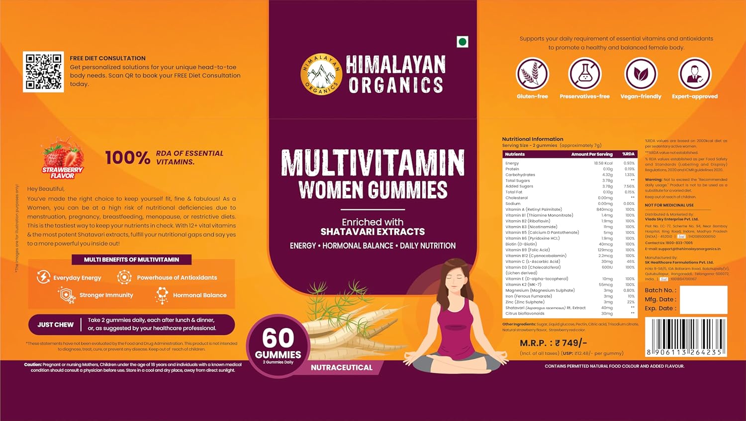 Himalayan Organics Multivitamin Gummies With Shatavari With Biotin, Vitamins , Magnesium, Iron, Zinc - Gummies For Women | 60 Gummies , 300gm 0.66lbs