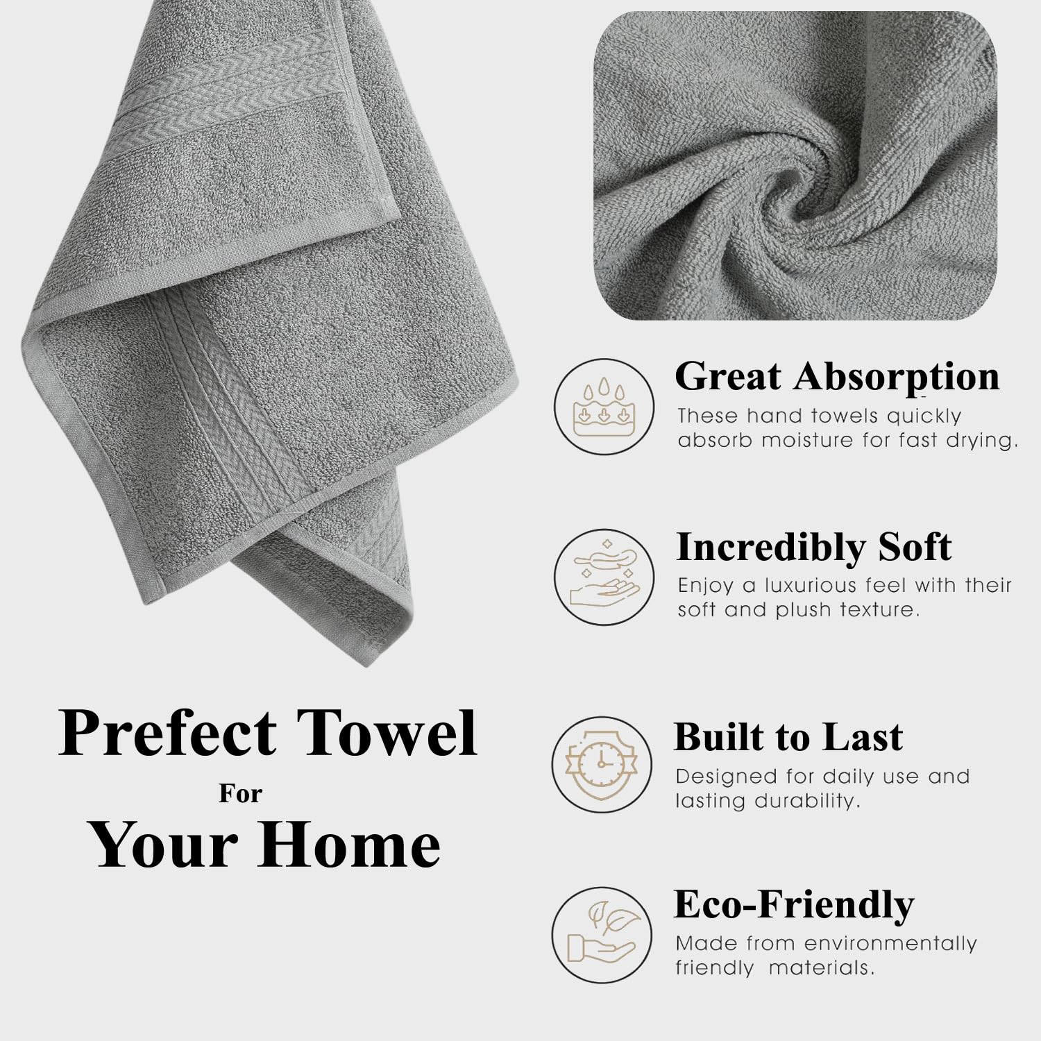 Fresh From Loom Luxury Fur Collection Hand Towel 500 Gsm Napkins Cotton High Absorbency Double Stitched Size (Grey) - Set Of 4