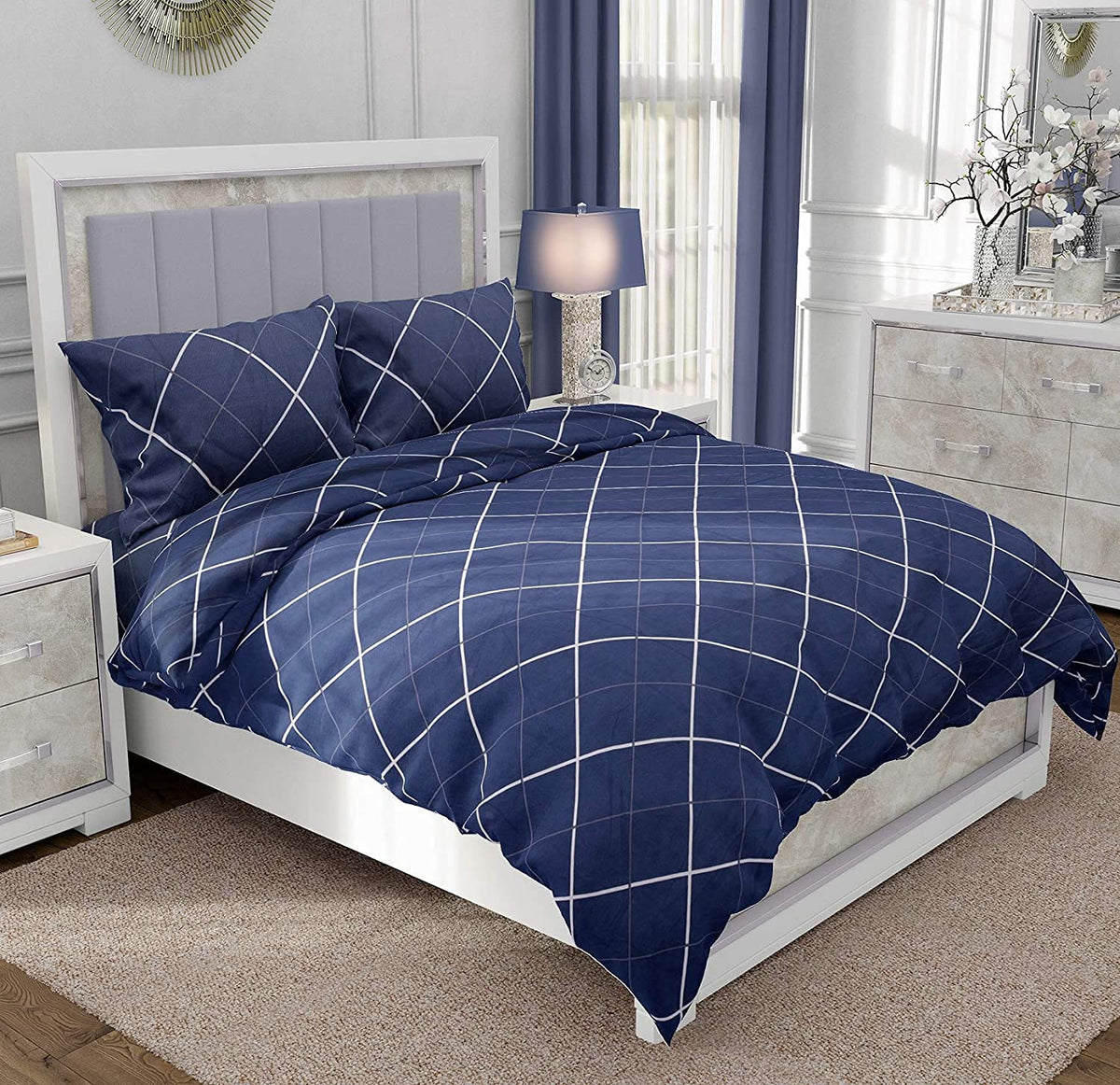 Super Soft Cotton King Size Bedsheet With 2 Pillow Cover + Comforter - 72 X 78 Inches, Navy Blue | All Around Elastic Fitted | Skin Friendly & Long Lasting