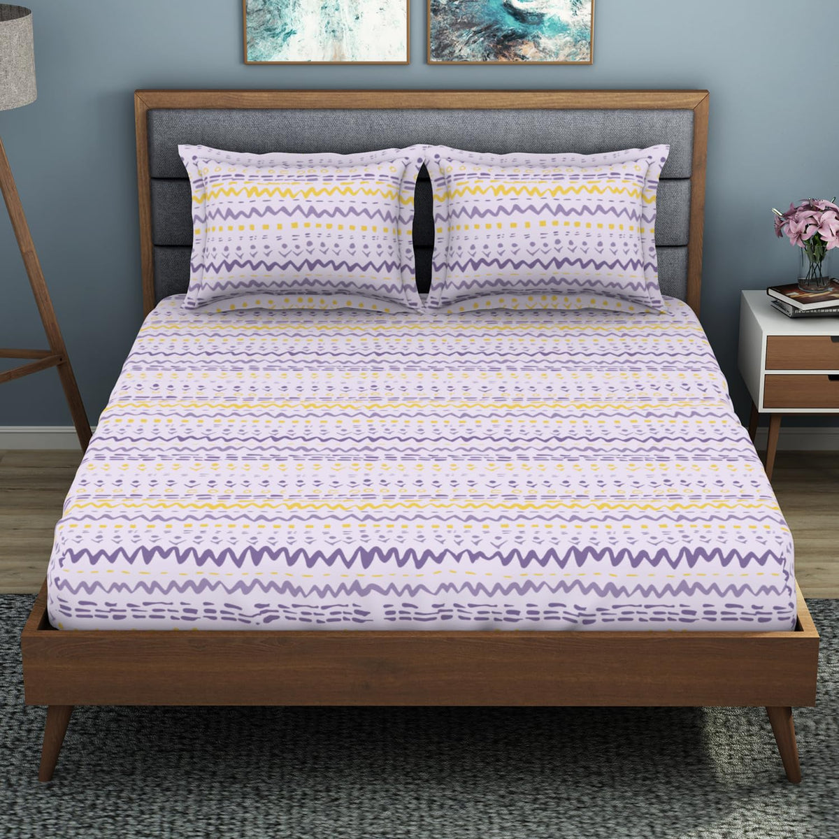 King Size 1 Double Bedsheet With 2 Pillow Covers - Size 108 X 108 Inches, Light Violet & Yellow | Soft Feel Wrinkle Resistance | Durability & Comfort, Breathable