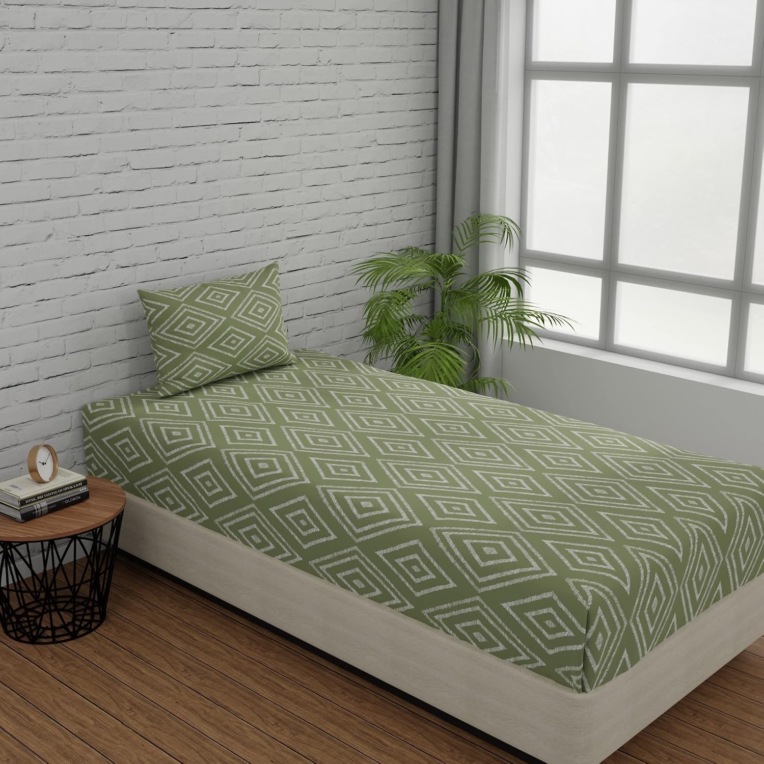 144 TC Bedsheet For Single Bed Cotton With Pillow Cover - 55 X 88 Inches, Sage Green | Soft & Breathable Premium Printed Design Bedsheet
