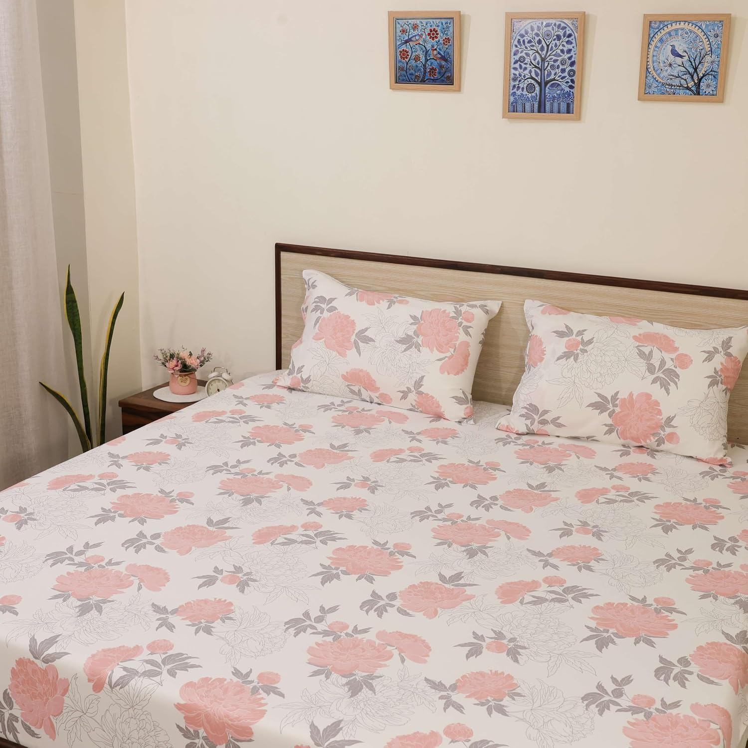 Microfiber Bedsheet For Single Bed With 2 Pillow Covers Breathable - Size 68 X 90 Inch, White & Blush Petals | 186 Thread Count - Floral Design Single Bed Sheet