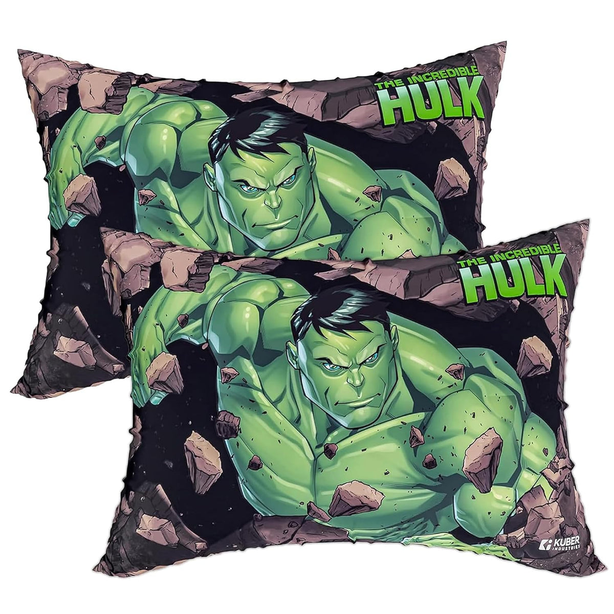 Polyester Marvel Hulk Print Pillow For Kids, Super Soft Pillow, Green - 12x18 Inches | Soft Pillow Filler For Sleeping & Traveling | Easy To Carry - Ideal For Boys & Girls, Comfortable - 2 Pcs